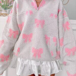 Bow Zip Collar Fleece Sweatshirt
